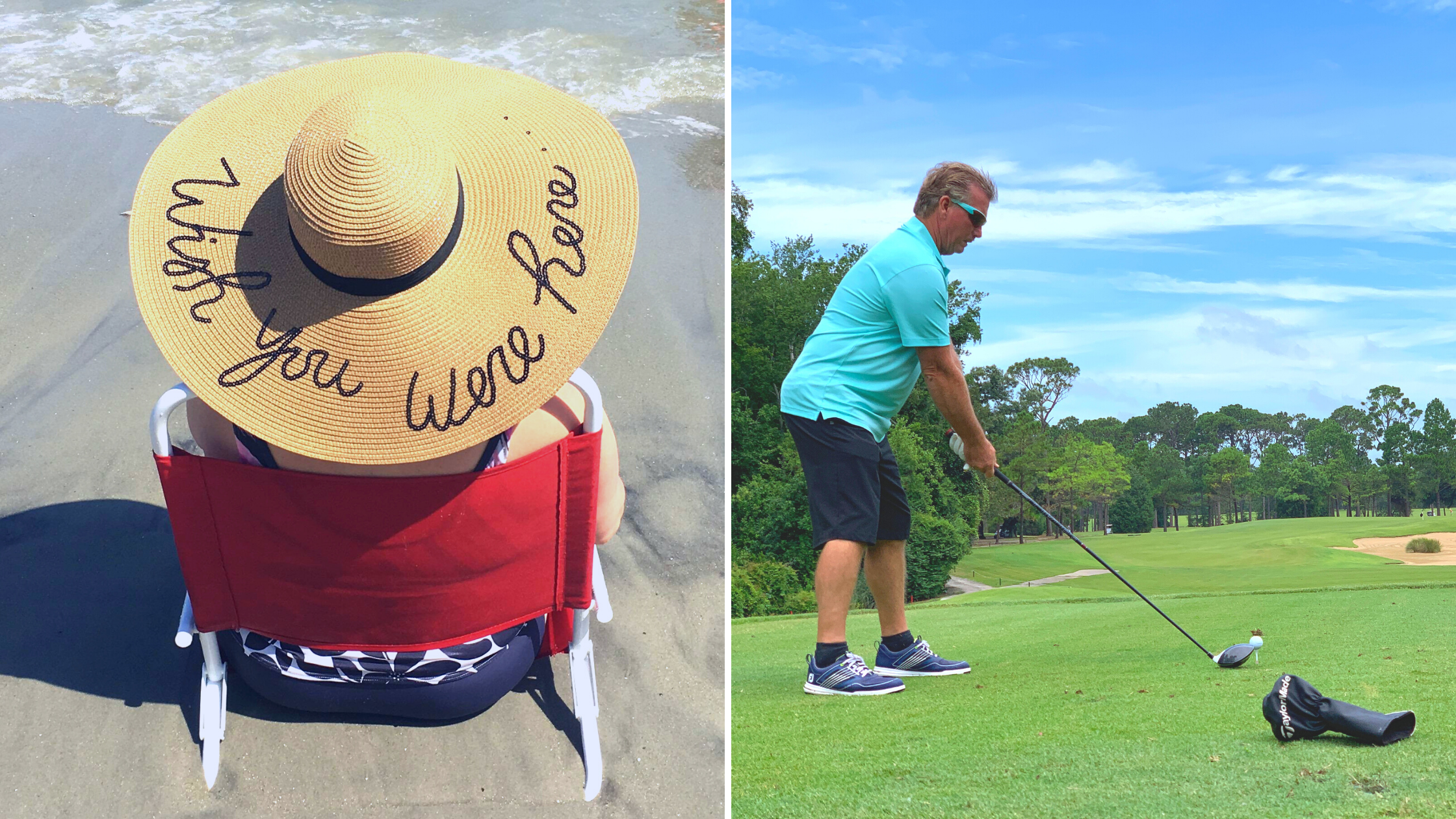 Fall activities including relaxing in a beach chair and golfing