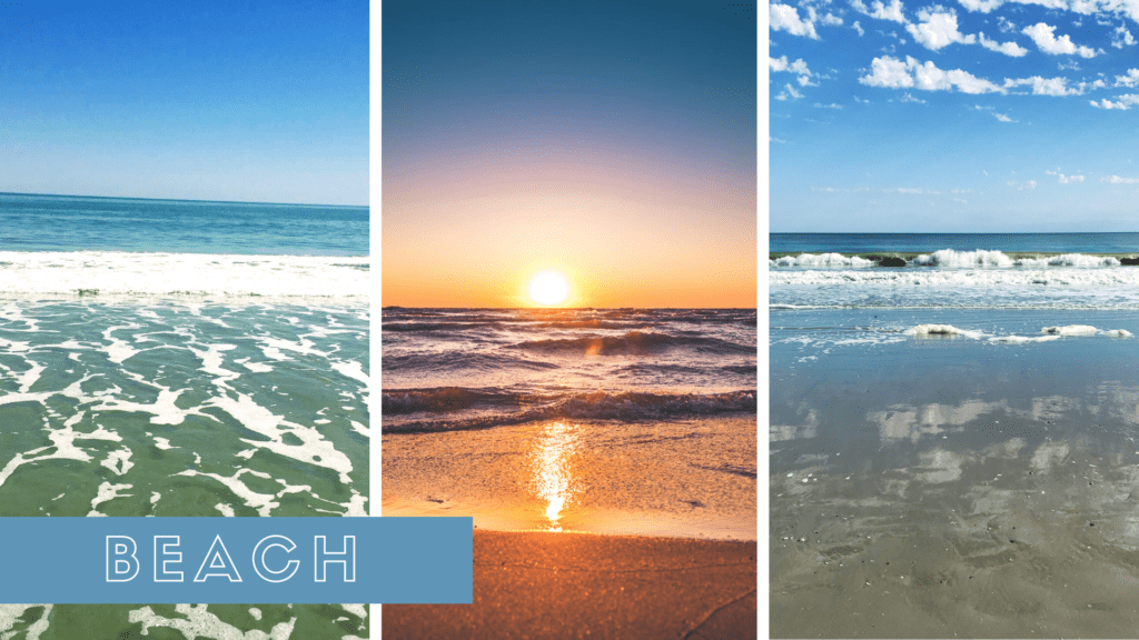 Beach collage feature a sunrise and waves