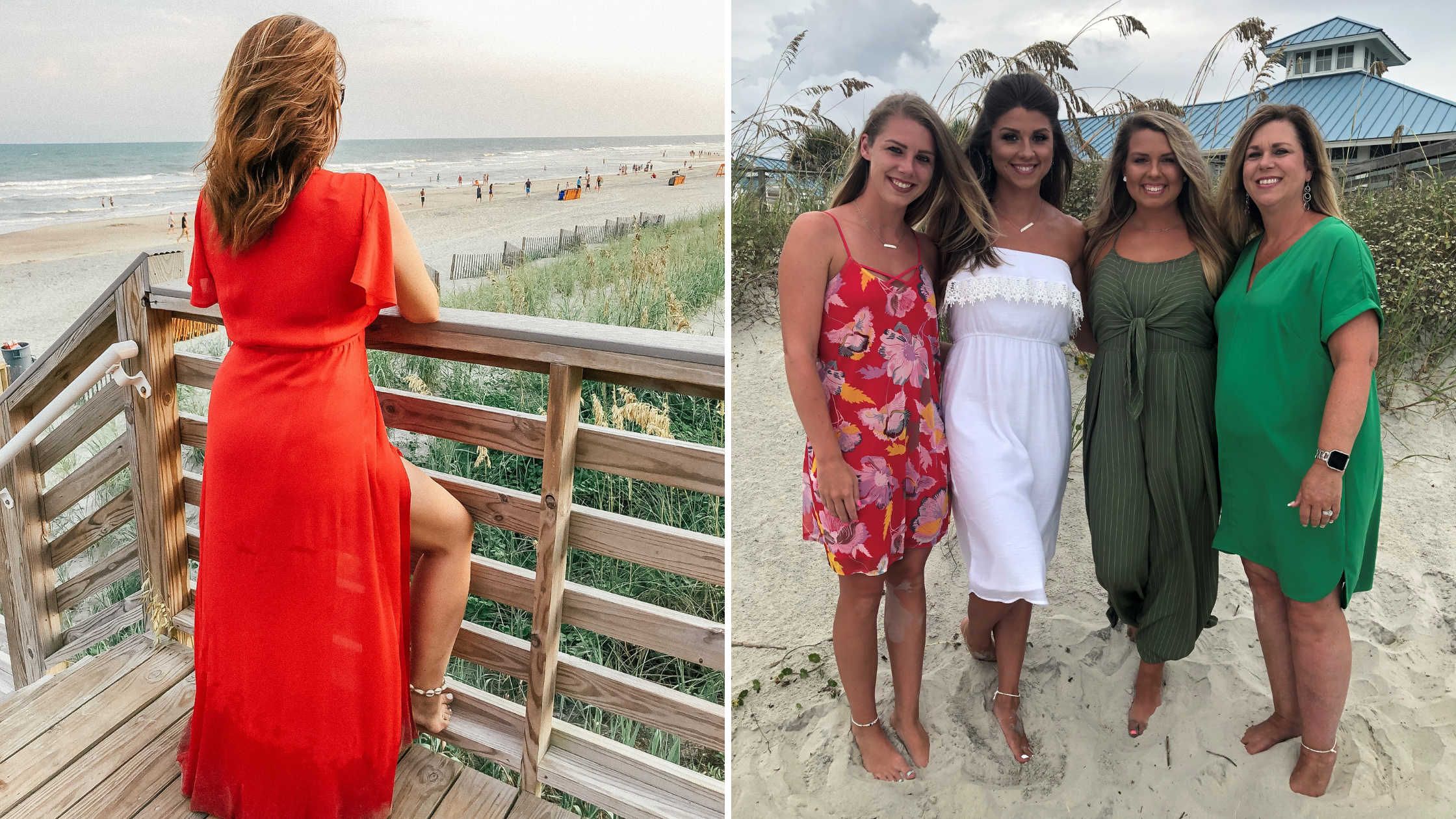 Woman in red dress on the beach and family in dresses on the beach